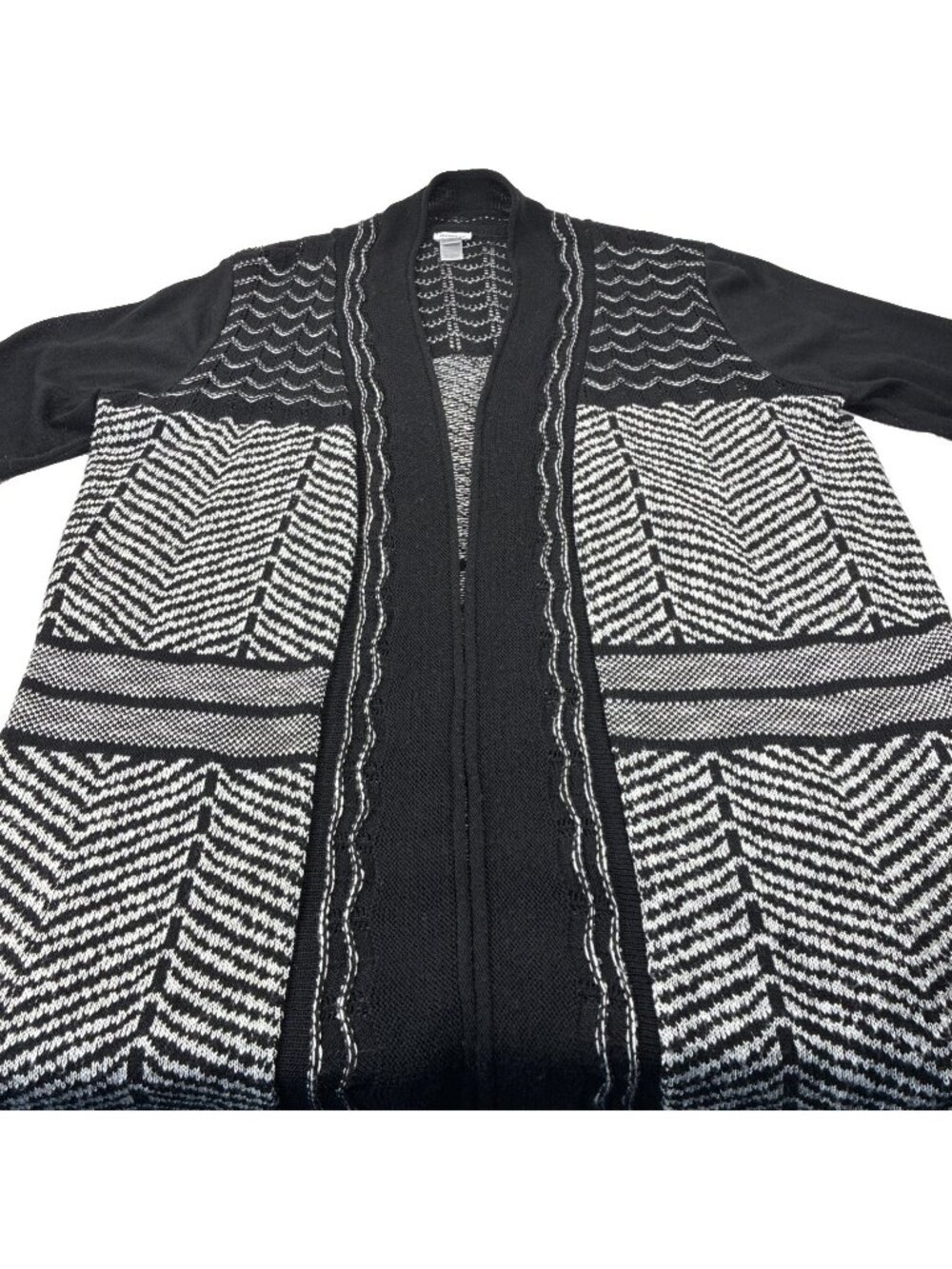Avenue Cardigan Sweater Women 18/20 Black Beige Chevron Open Front Duster Jacket